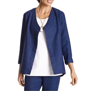 J. Jill Petite 100% Linen Draped Open Front Collarless Blazer Jacket Blue LP